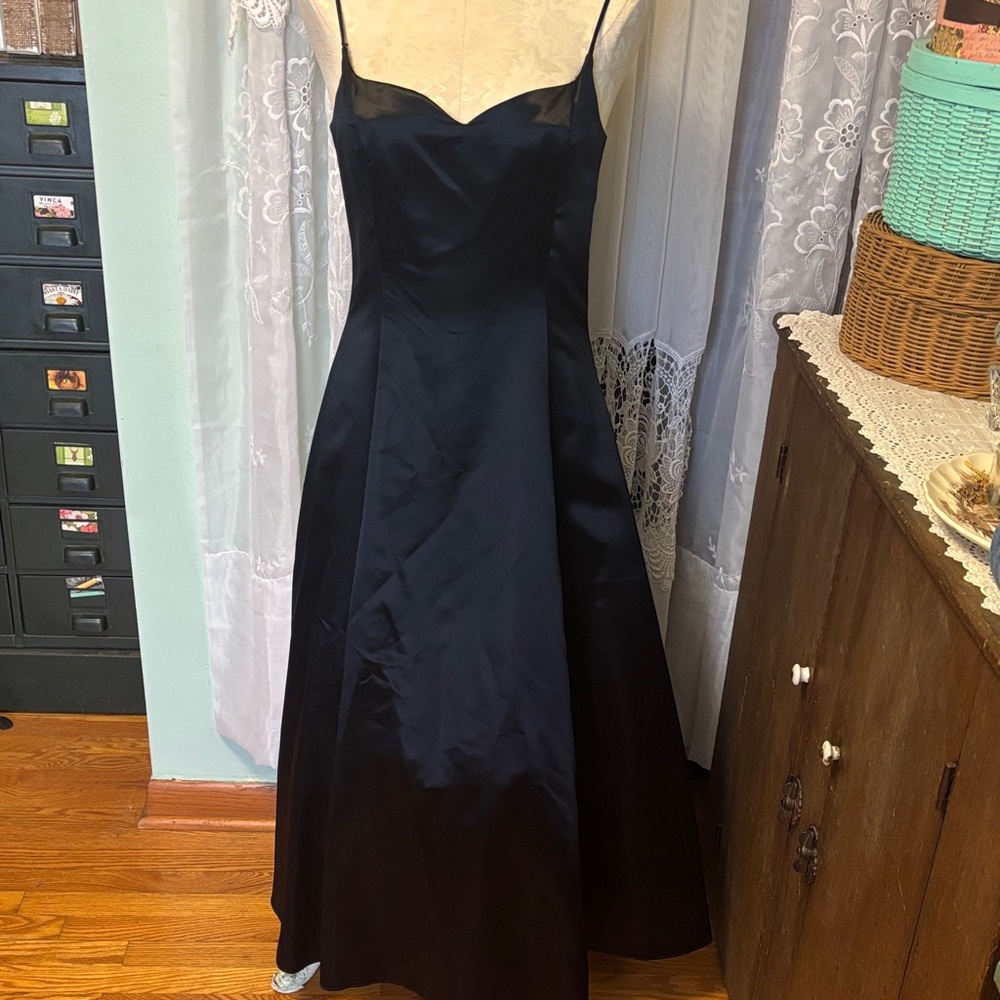 Jessica McClintock Gunne Sax Black Satin Spaghetti Strap Dress Gown Sz 7 Lined